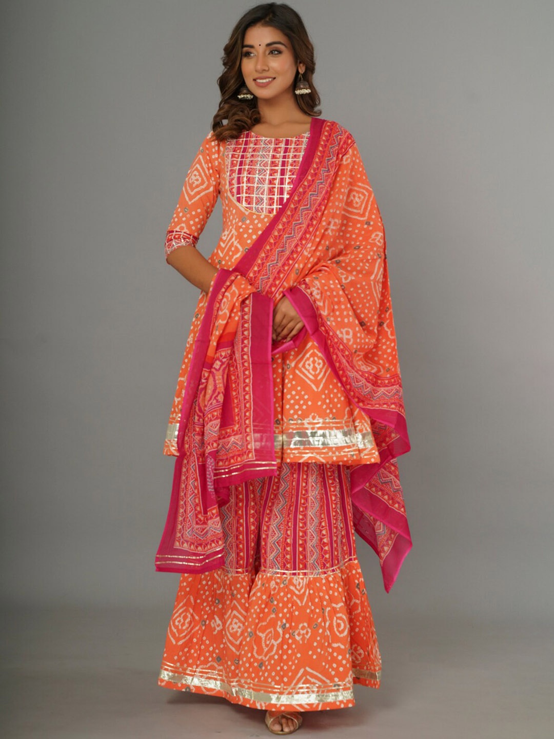 

CRAFTED FOR YOU Bandhani Printed Gotta Patti Pure Cotton Kurta with Sharara & Dupatta, Orange