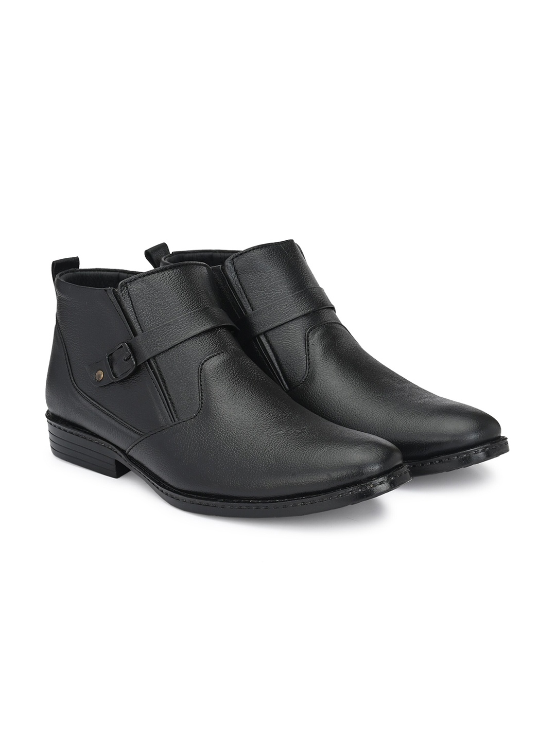 

BUCIK Men Textured Mid Top Leather Casual Boots With Buckle Detail, Black