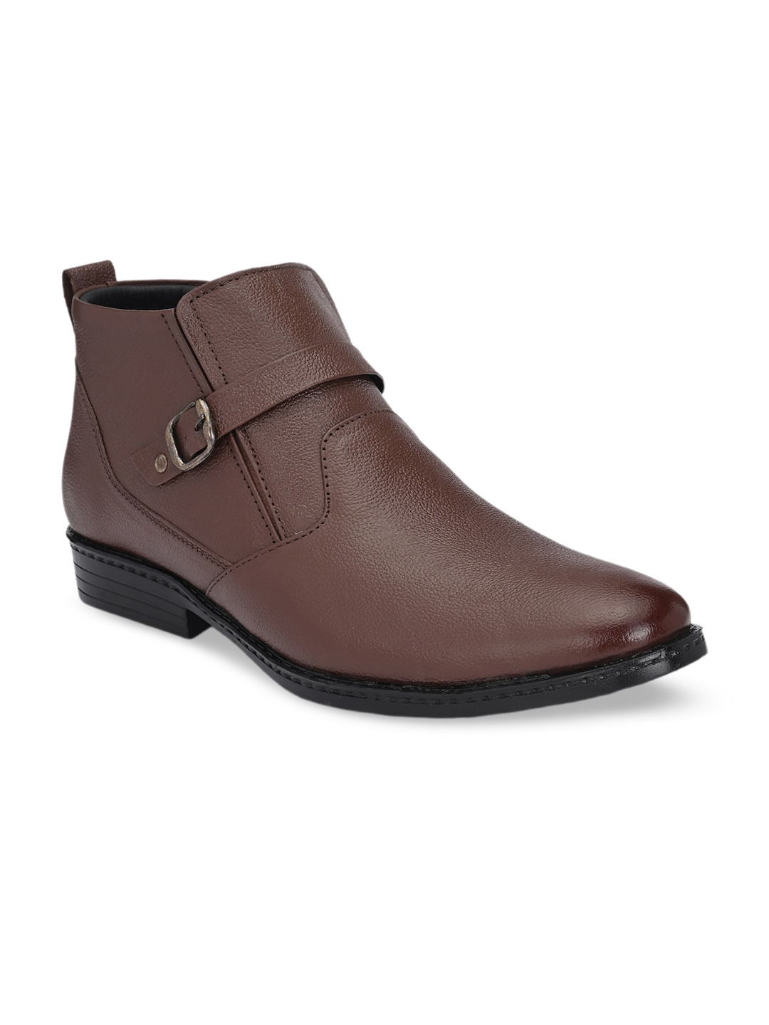 

BUCIK Men Textured Mid Top Leather Casual Boots With Buckle Detail, Brown