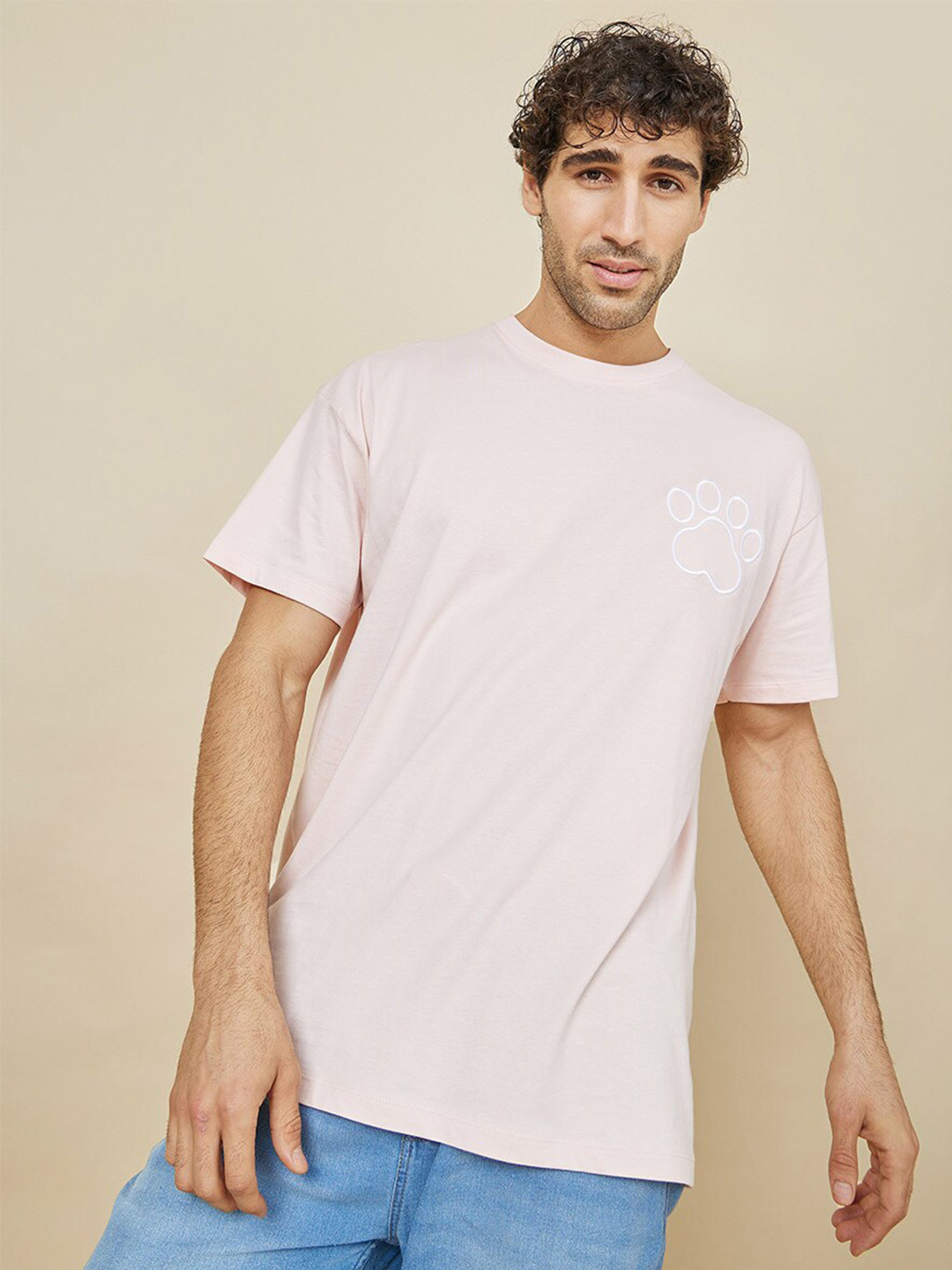 

Styli Men Embroidery Detail Oversized T-Shirt, Pink