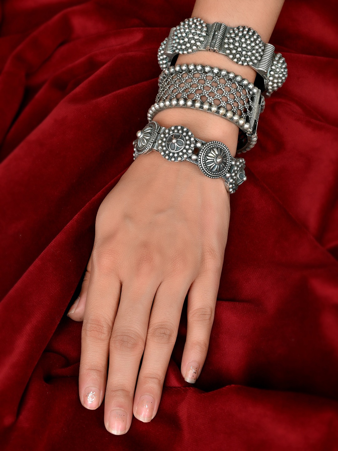 

AQUASTREET JEWELS Set of 3 Silver-Plated Oxidized Brass Kada Bangles