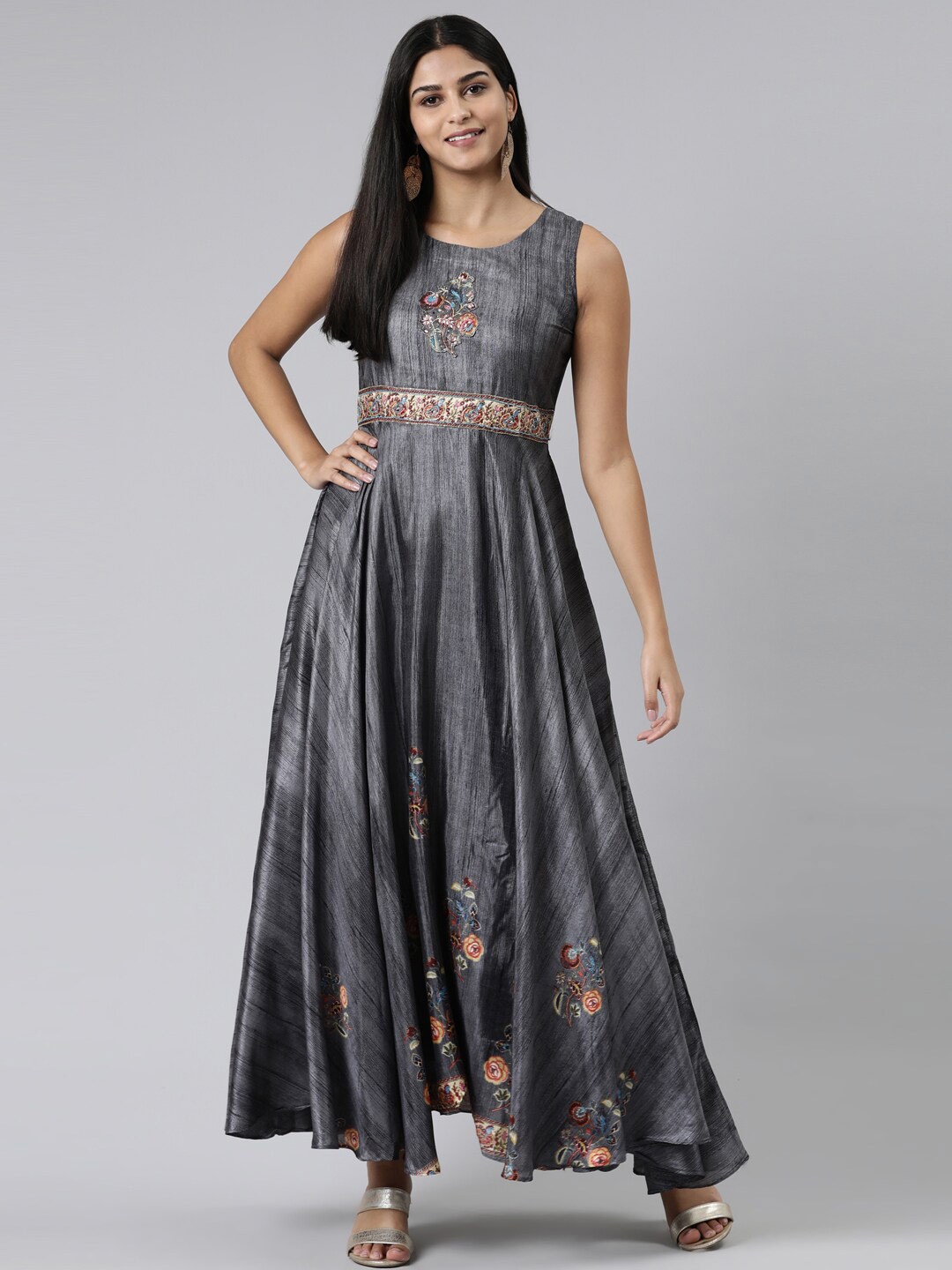 

Neerus Ethnic Motifs Embroidered Chiffon Maxi Fit & Flare Ethnic Dress, Grey