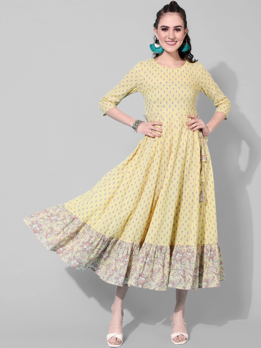 

KIMAYRA Ethnic Motifs Printed Pure Cotton Ethnic Dress, Yellow