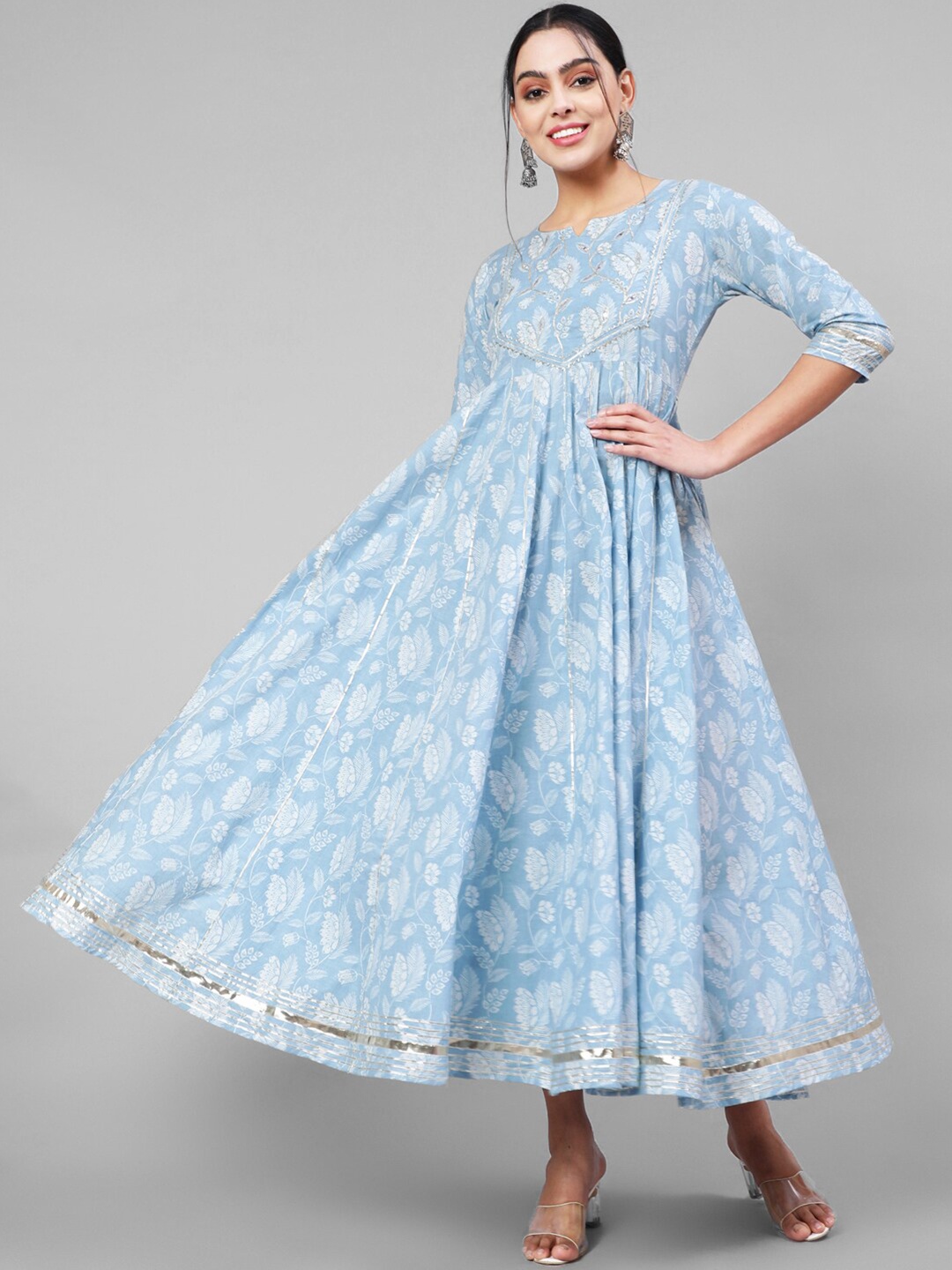 

KIMAYRA Floral Printed Notched Neck Maxi Fit & Flare Ethnic Dress, Blue