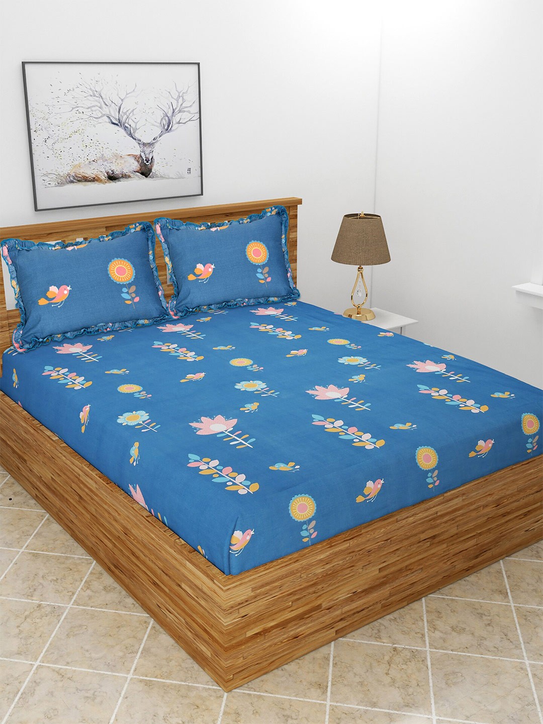 

MORADO Blue & Pink Floral 210 TC Queen Bedsheet with 2 Pillow Covers