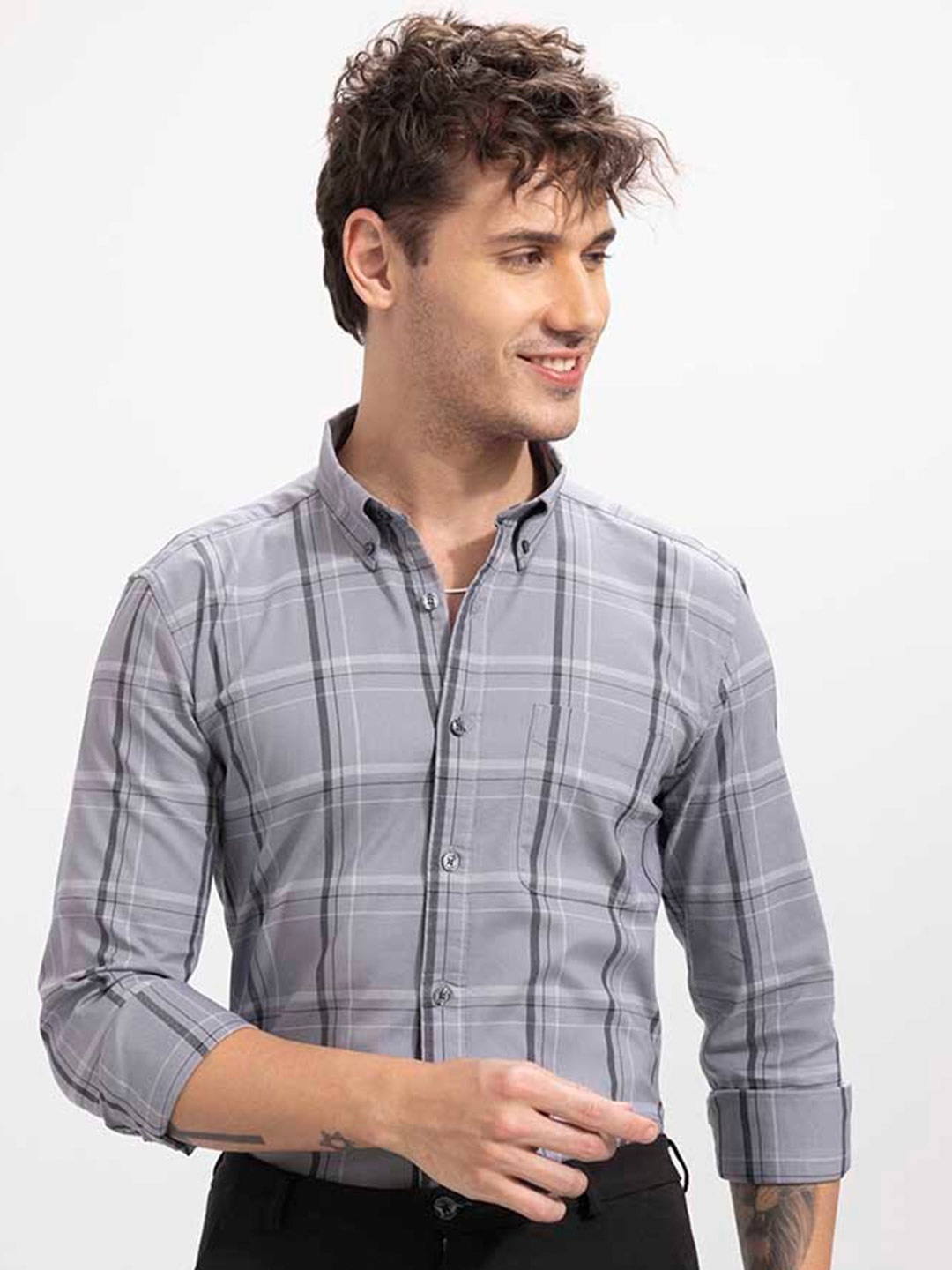 

Snitch Windowpane Checked Slim Fit Casual Shirt, Grey
