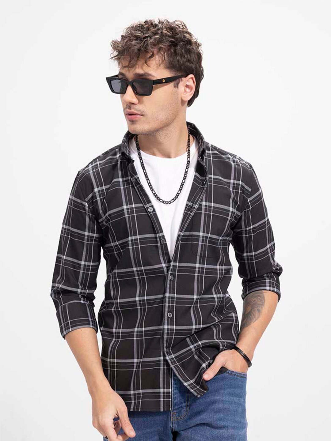 

Snitch Long Sleeves Patch Pocket Slim Fit Tartan Checked Casual Cotton Shirt, Black
