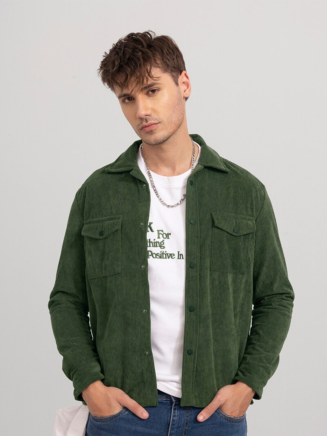 

Snitch Long Sleeve Flap Pockets Corduroy Slim Fit Casual Cotton Shirt, Green
