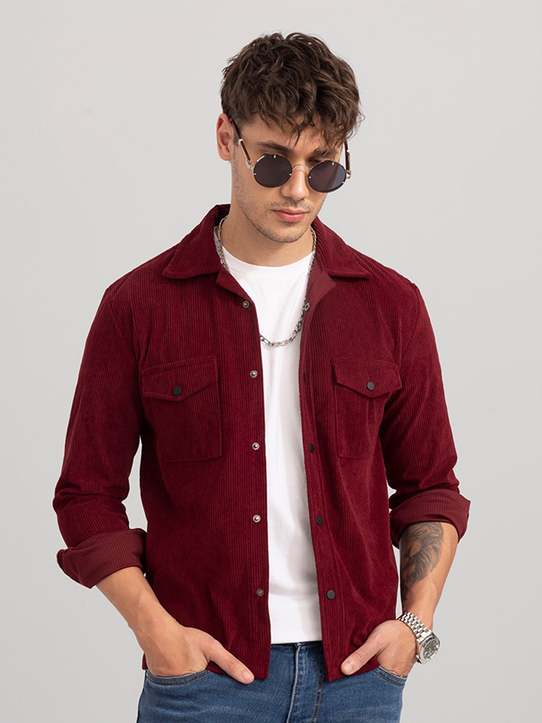 

Snitch Long Sleeve Flap Pockets Corduroy Slim Fit Casual Cotton Shirt, Maroon