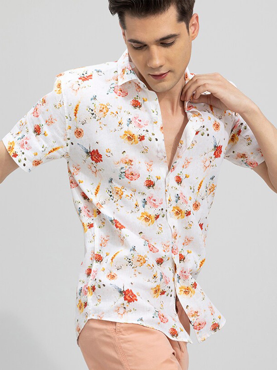 

Snitch Floral Printed Linen Casual Shirt, White