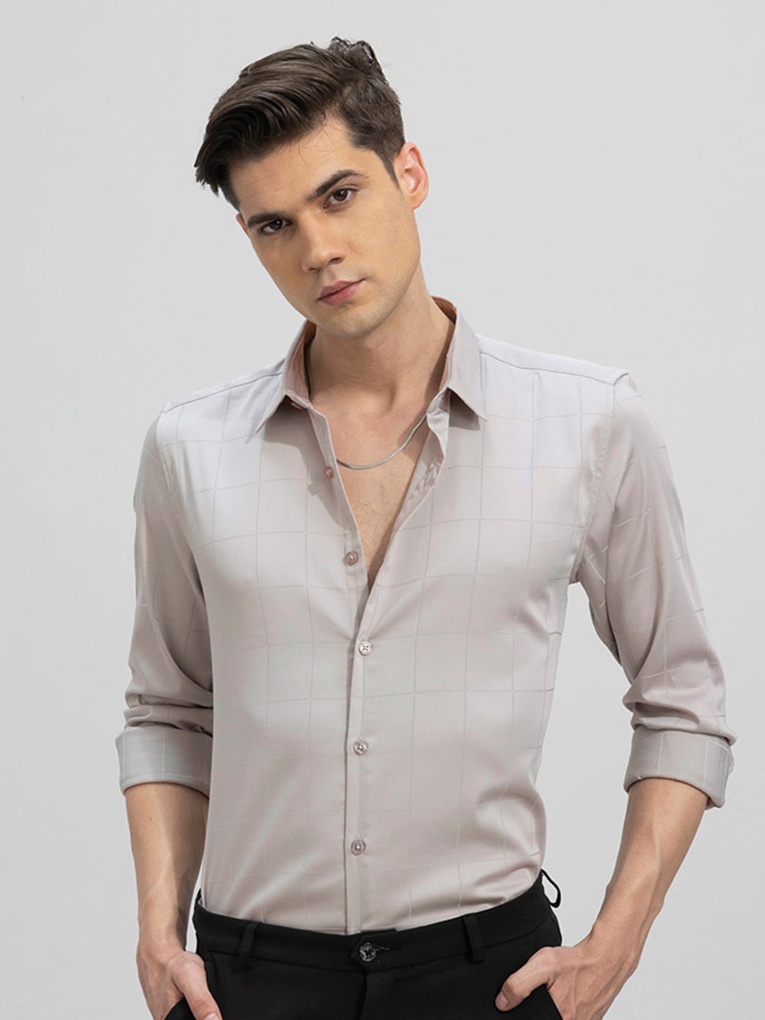 

Snitch Men Slim Fit Checked Casual Cotton Shirt, Grey