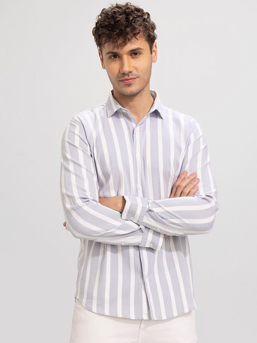 

Snitch Striped Slim Fit Cotton Casual Shirt, Grey