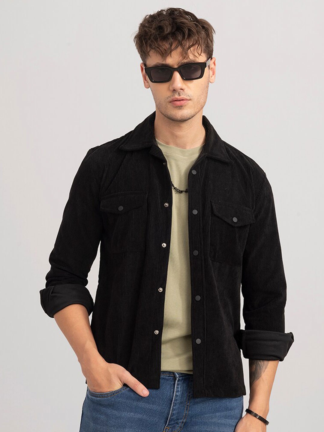 

Snitch Slim Fit Spread Collar Cotton Casual Overshirt, Black