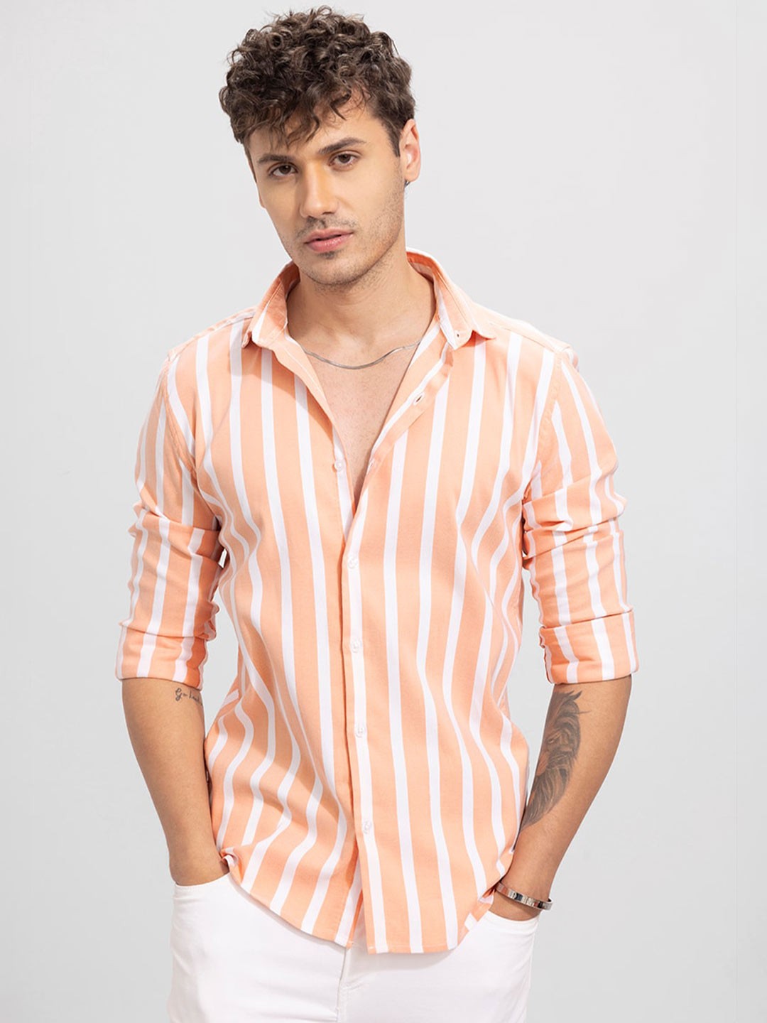 

Snitch Striped Slim Fit Cotton Casual Shirt, Orange