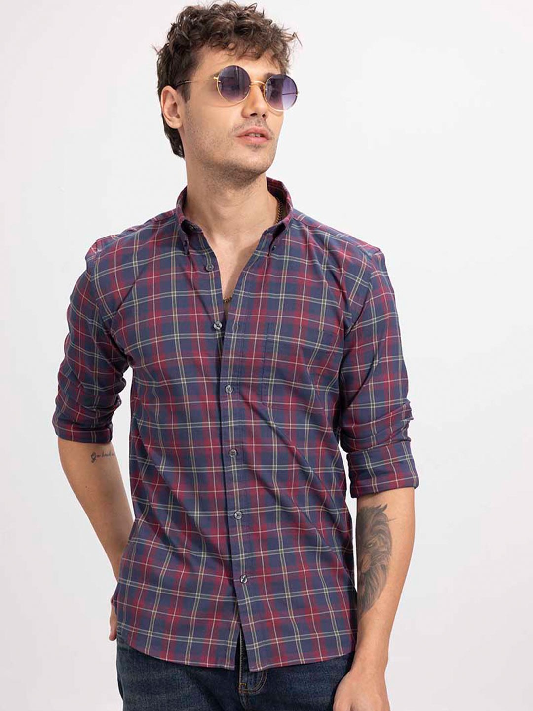 

Snitch Tartan Checks Cotton Slim Fit Casual Shirt, Blue