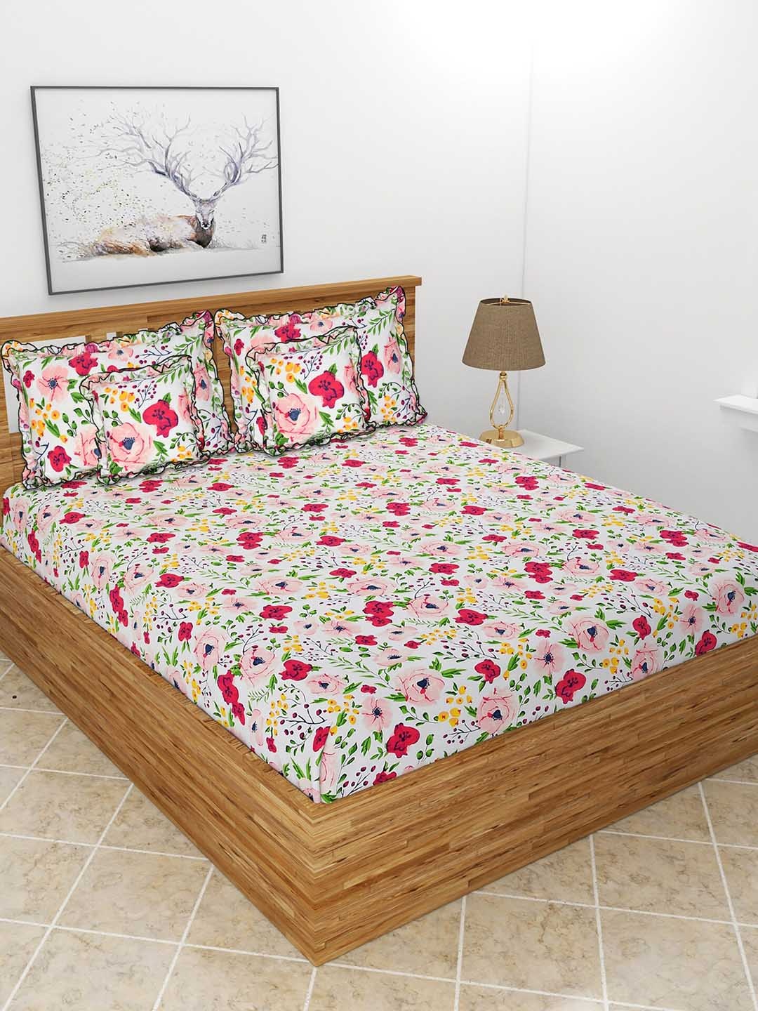 

MORADO White & Pink Floral Printed Superfine Double Queen Bedding Set