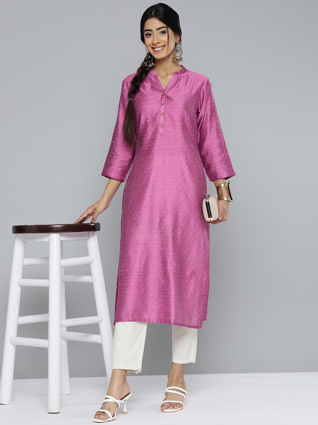 

HERE&NOW Mandarin Collar Woven Design Straight Kurta, Pink