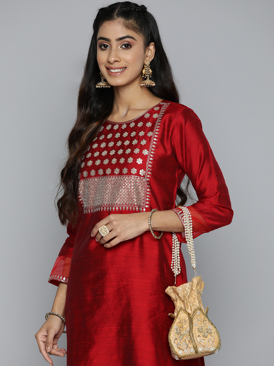 

HERE&NOW Women Red Ethnic Motifs Yoke Design Regular Sequinned Kurta with Trousers