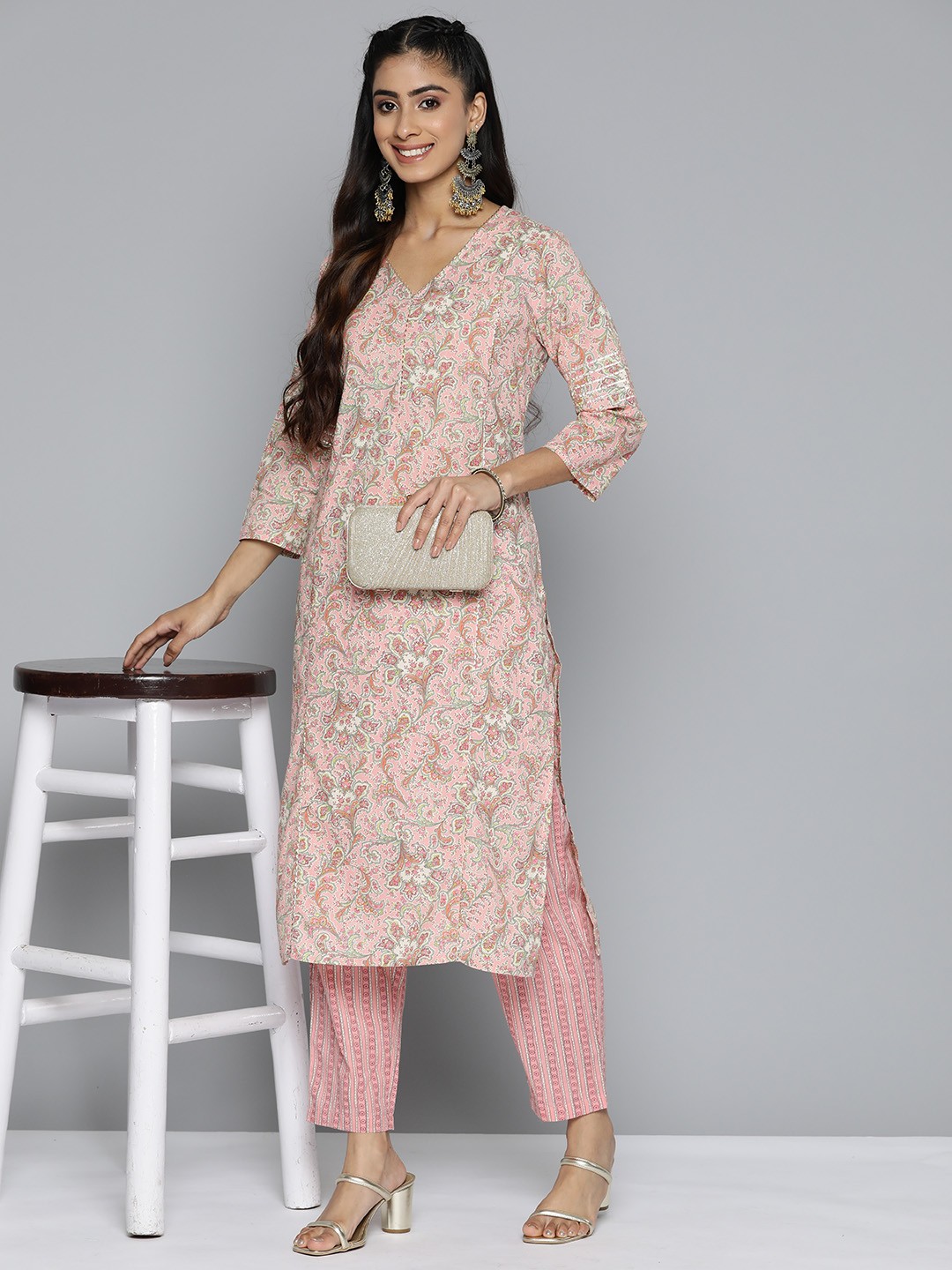 

HERE&NOW Women Ethnic Motifs Printed Pure Cotton Kurta with Trousers, Cream