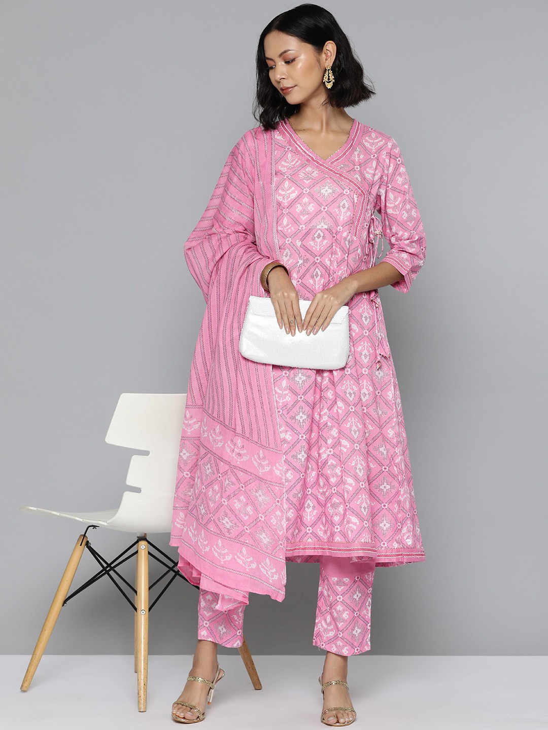 

HERE&NOW Women Ethnic Motifs Printed Angrakha Pure Cotton Kurta with Trousers & Dupatta, Pink