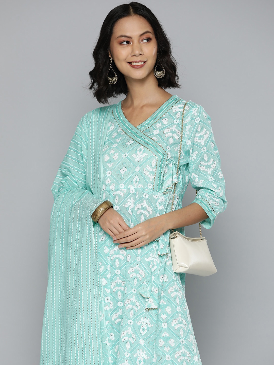 

HERE&NOW Women Ethnic Motifs Printed Angrakha Pure Cotton Kurta with Trousers & Dupatta, Blue