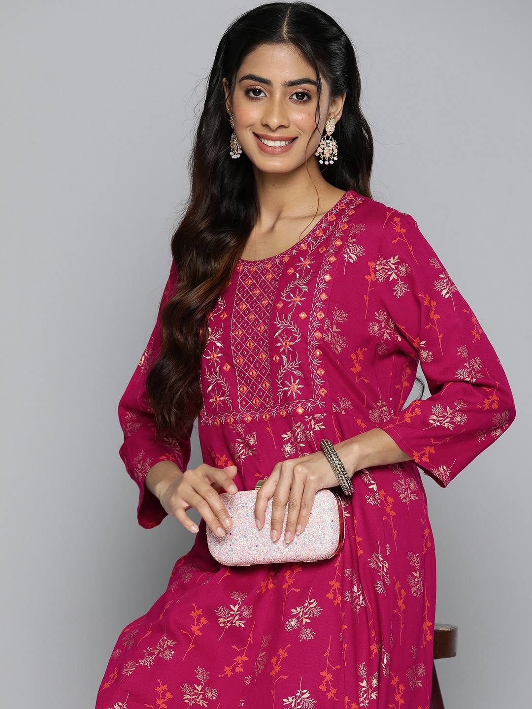 

HERE&NOW Ethnic Motifs Printed Panelled Mirror Work Anarkali Kurta, Magenta