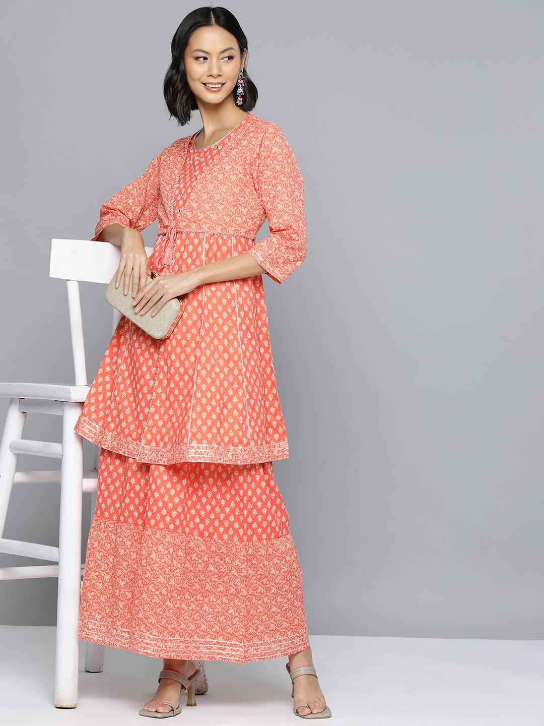 

HERE&NOW Ethnic Motifs Print High Slit Cotton Kurta with Sharara, Coral