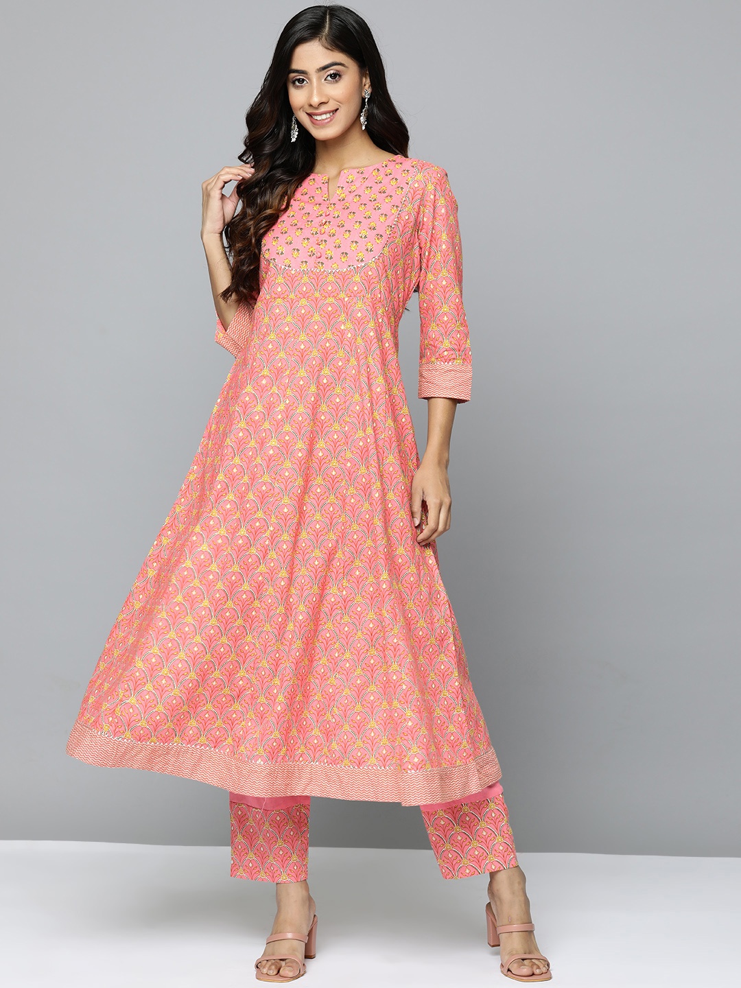 

HERE&NOW Ethnic Motifs Printed Pure Cotton Kurta with Trousers, Pink
