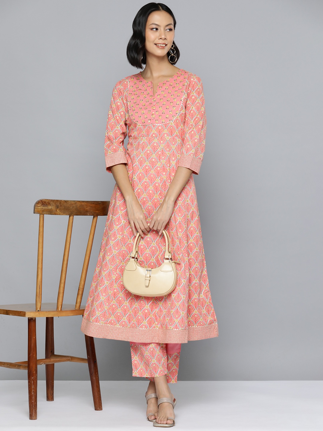 

HERE&NOW Ethnic Motifs Print Pure Cotton Panelled Kurta with Trousers, Peach