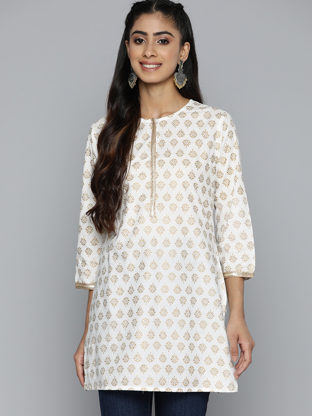 

HERE&NOW Ethnic Motifs Print Sequin Detail Pure Cotton Kurti, White