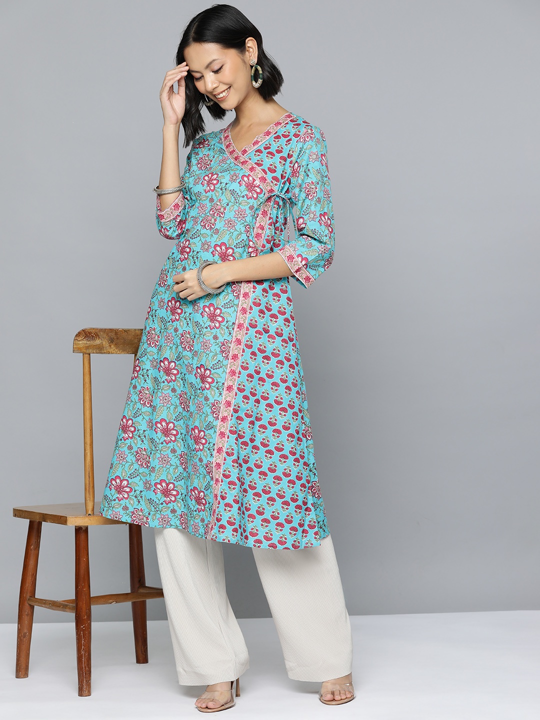 

HERE&NOW Pure Cotton Floral Printed Angrakha Kurta, Blue