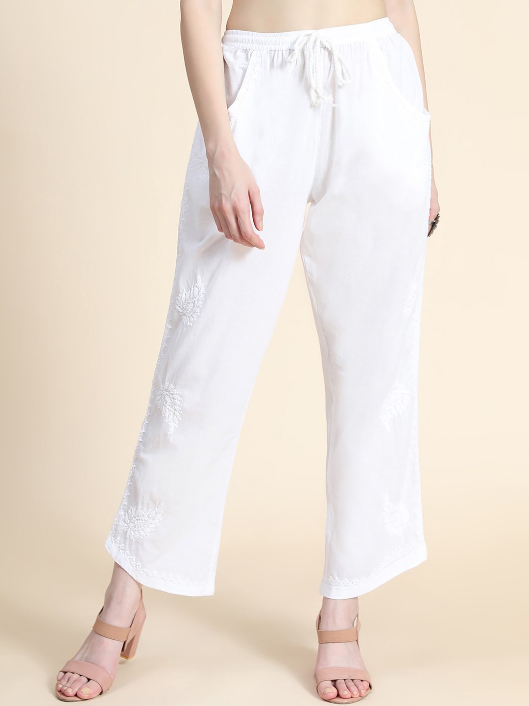 

HOUSE OF KARI Women Comfort Straight Fit With Thread Work Cotton Trousers, White