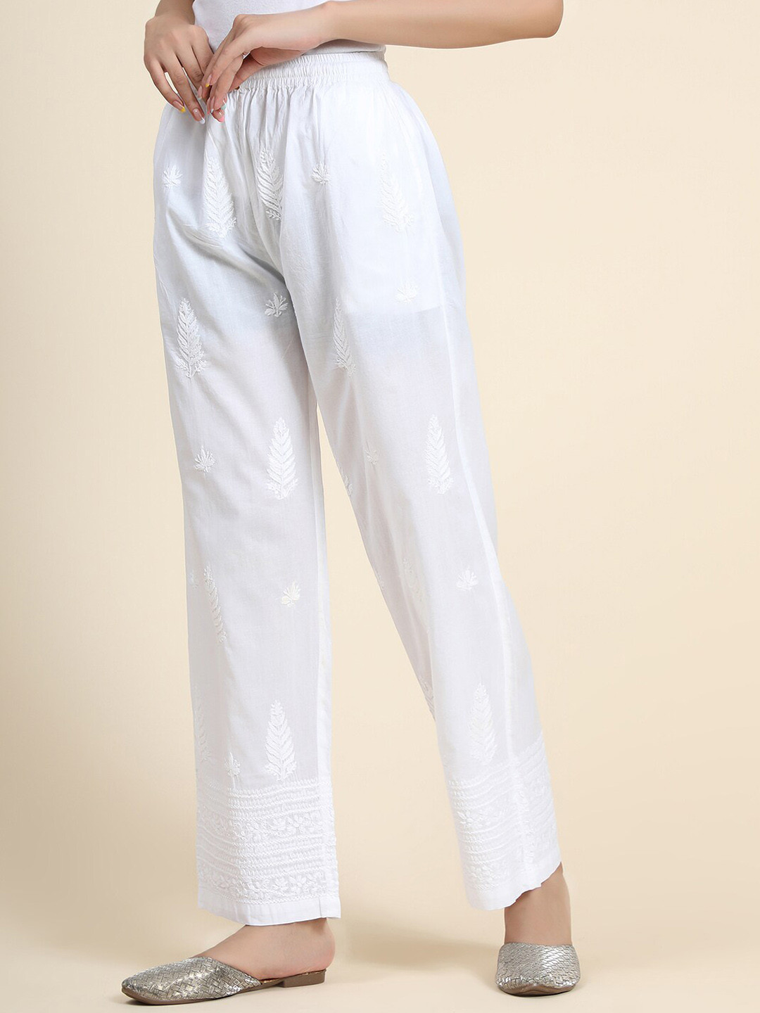 

HOUSE OF KARI Women Comfort Tapered Fit Pleated With Thread Work Cotton Trousers, White