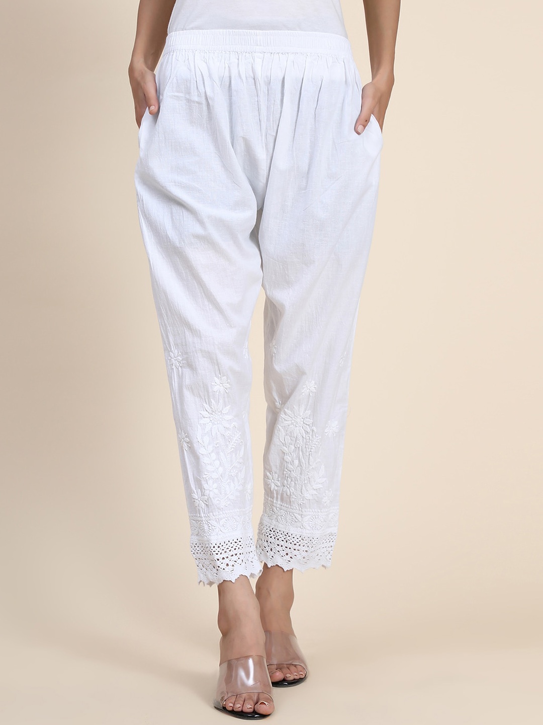 

HOUSE OF KARI Women Comfort Straight Fit Pleated With Thread Work Cotton Peg Trousers, White