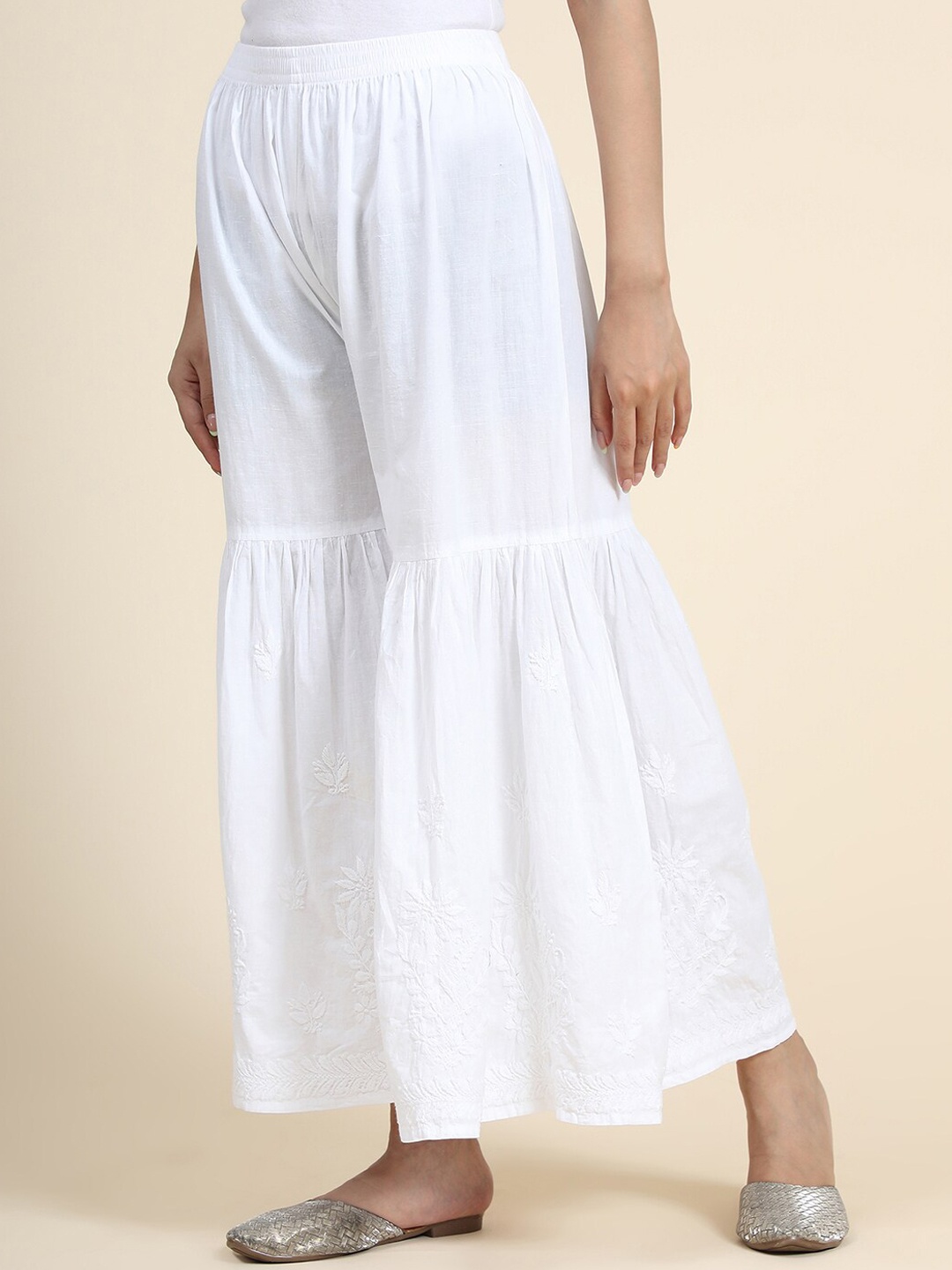 

HOUSE OF KARI Women Floral Embroidered Cotton Comfort Flared Sharara, White