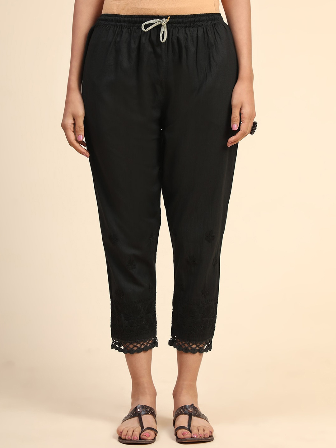 

HOUSE OF KARI Women Mid Rise Comfort Cotton Straight Fit Trousers, Black