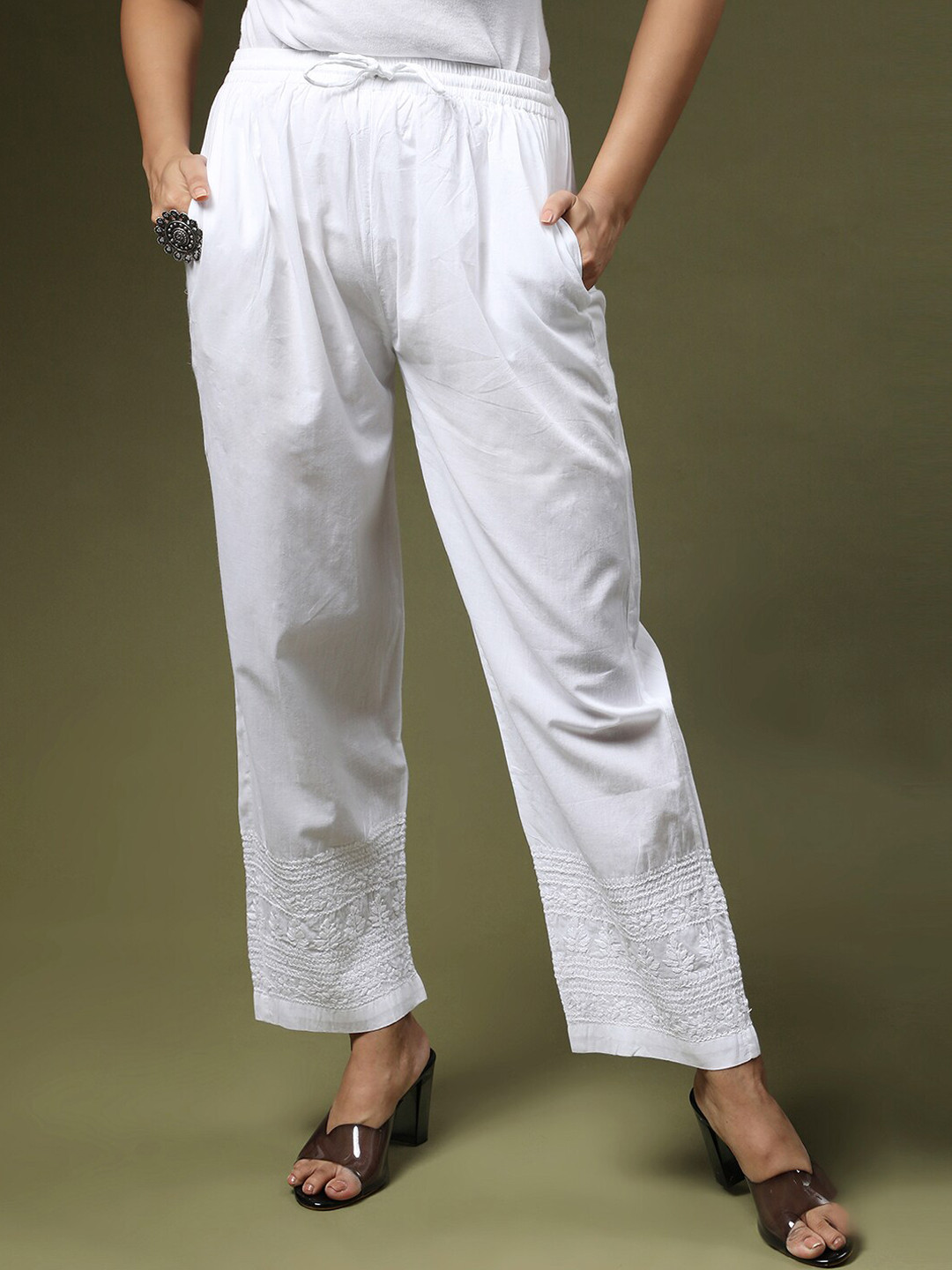 

HOUSE OF KARI Women Comfort Straight Fit Pleated With Thread Work Cotton Trousers, White