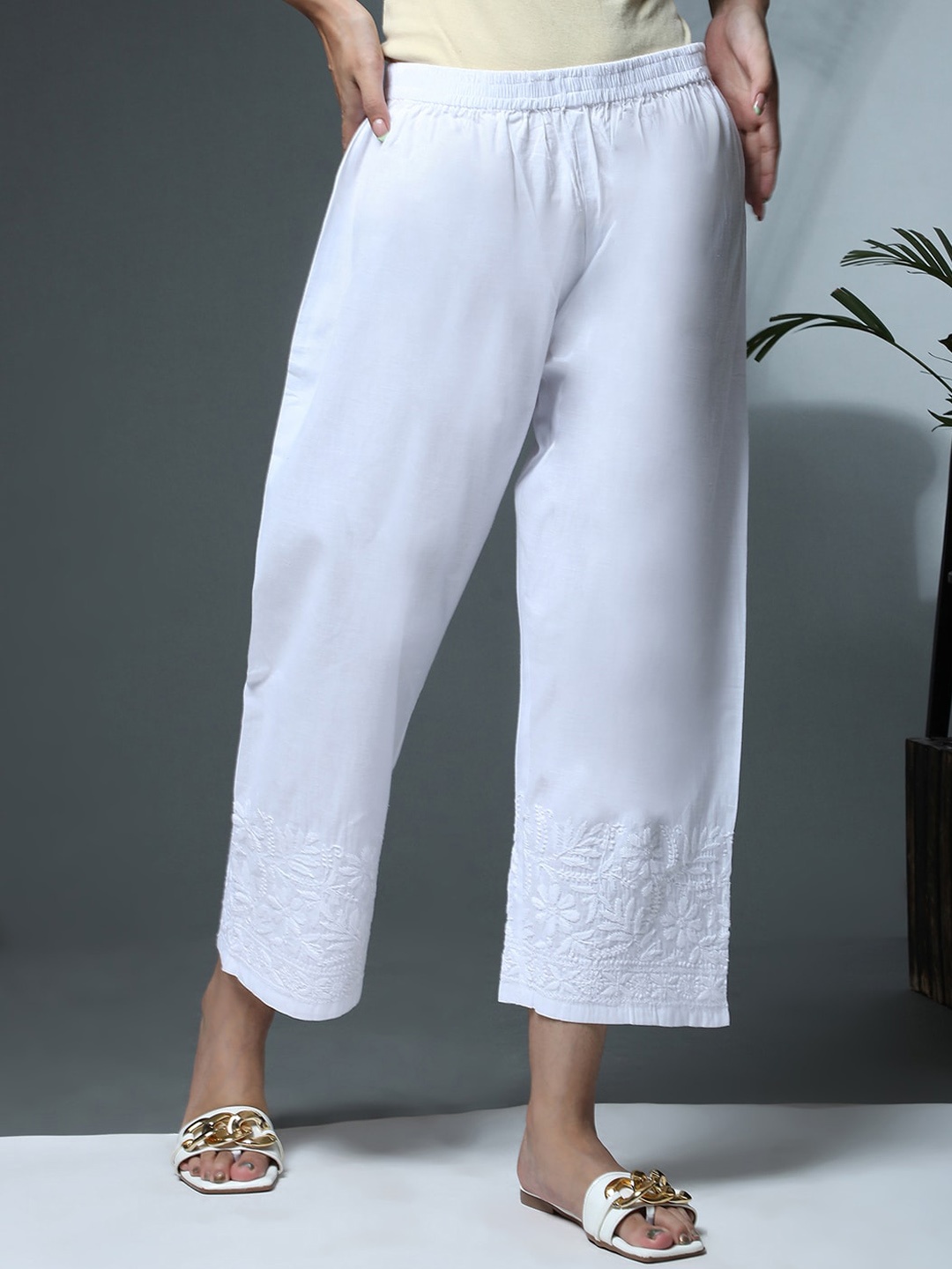 

HOUSE OF KARI Women Comfort Loose Fit With Thread Work Cotton Trousers, White