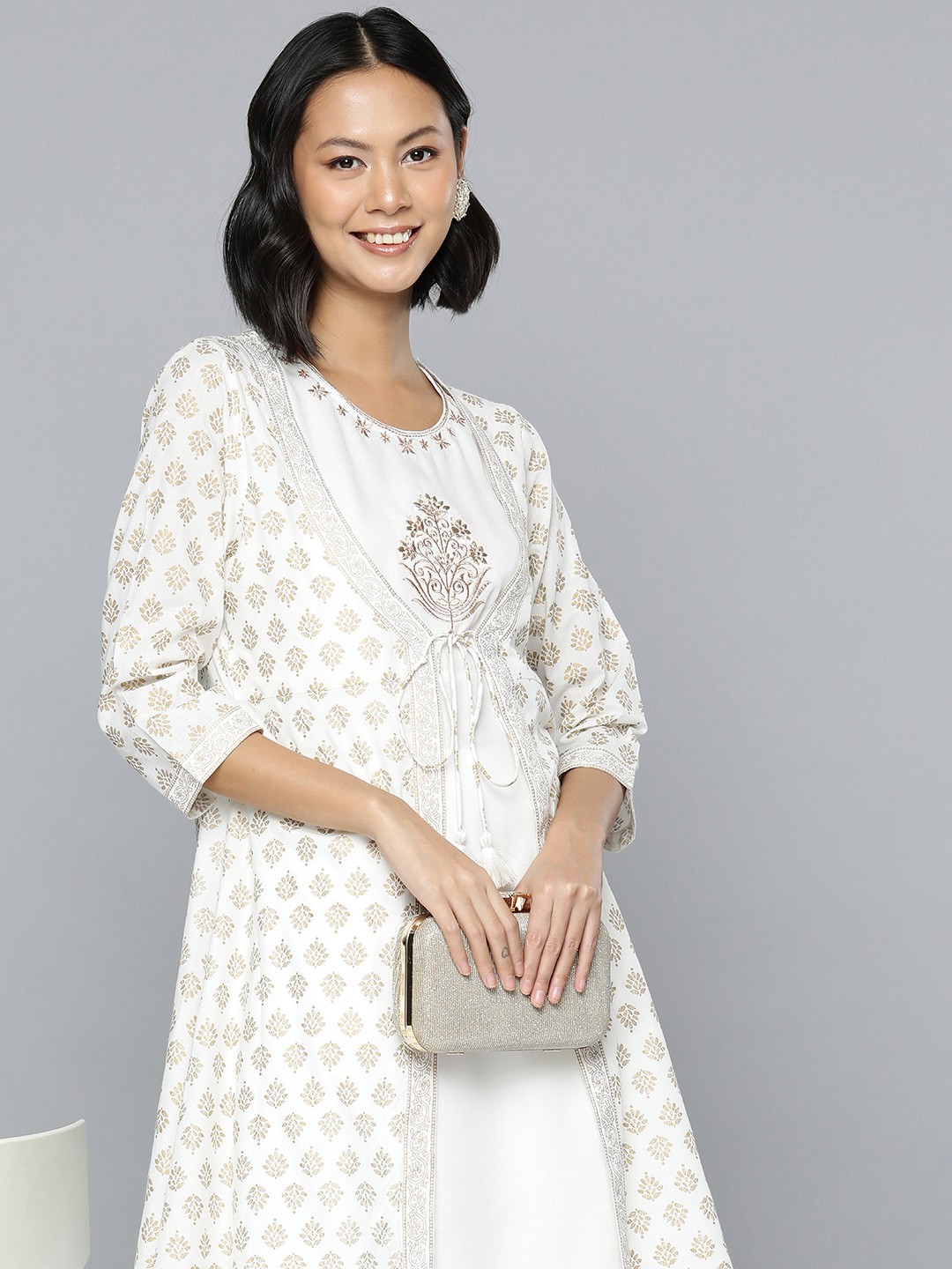 

HERE&NOW Ethnic Print & Embroidery Detail Pure Cotton Kurta Set with Jacket, White