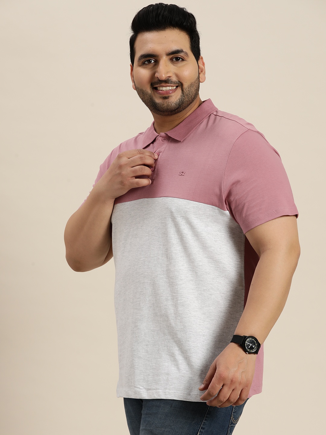 

Sztori Plus Size Colourblocked Polo Collar Pure Cotton T-shirt, Rose