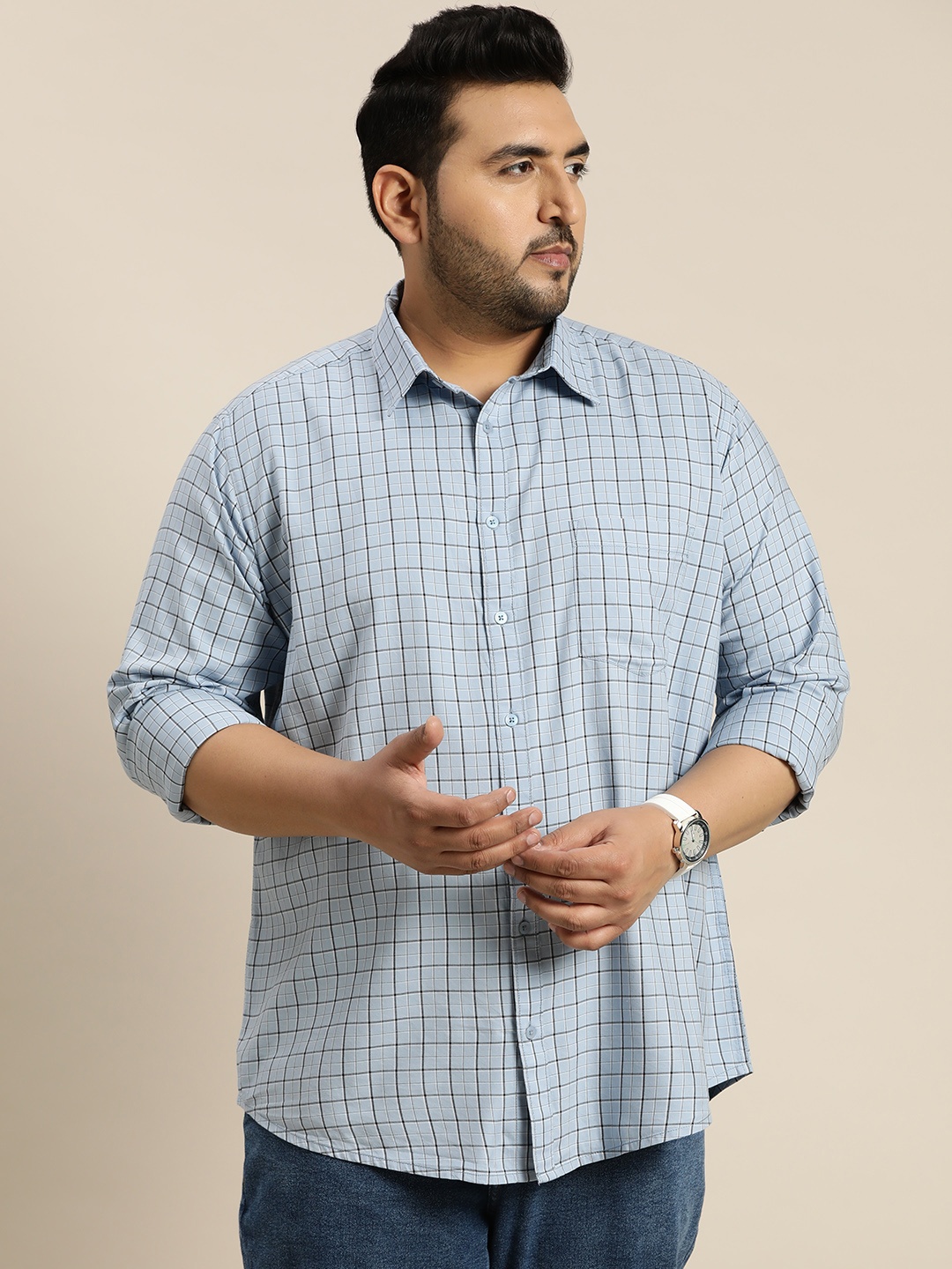 

Sztori Plus Size Pure Cotton Checked Casual Shirt, Blue