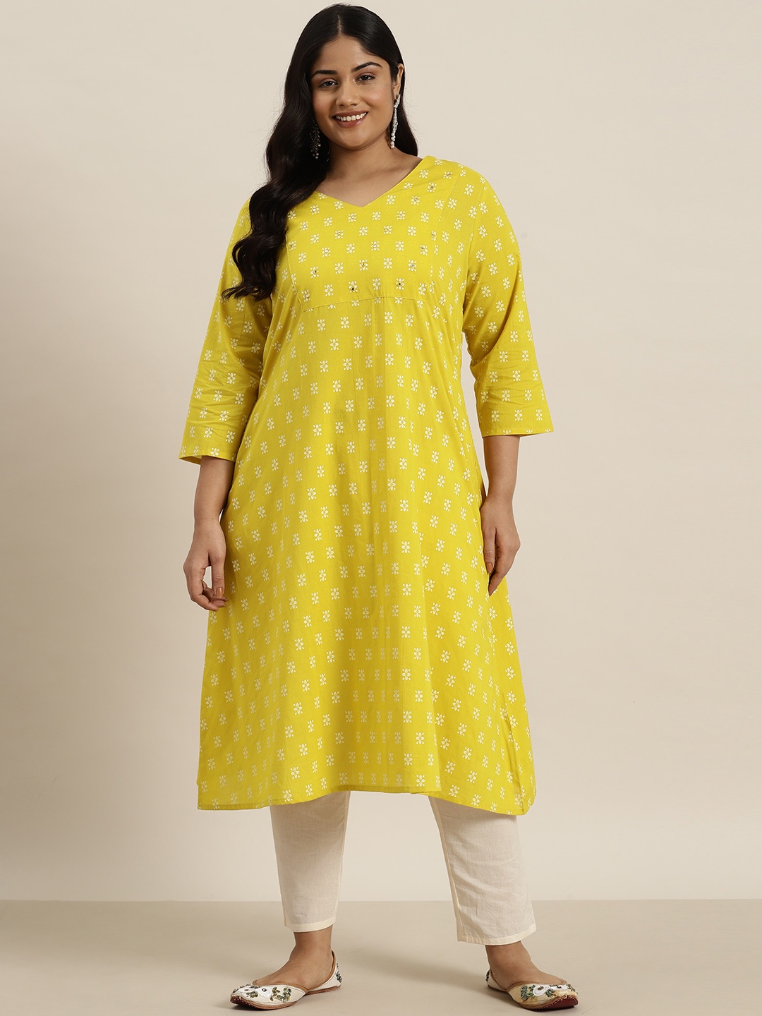 

Sztori Women Plus Size Pure Cotton Ethnic Motifs Printed Mirror Work Kurta, Yellow