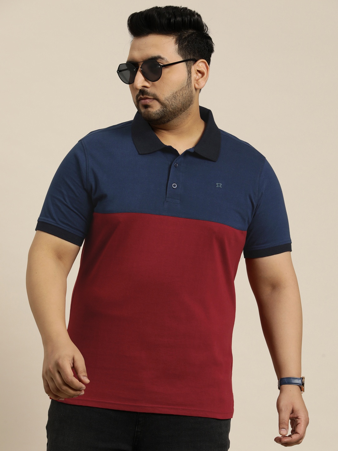 

Sztori Plus Size Colourblocked Pure Cotton Polo T-shirt, Navy blue