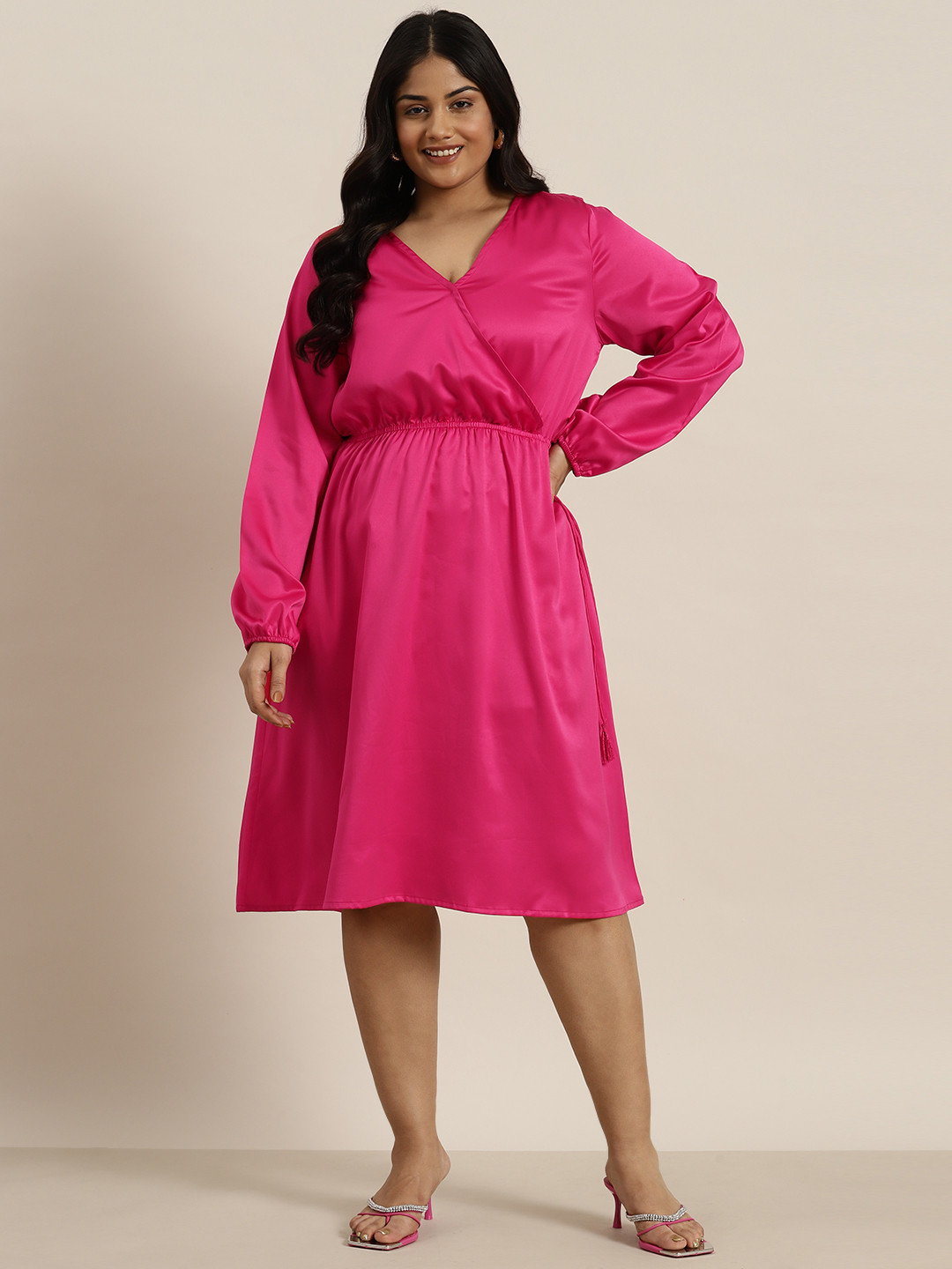 

Sztori Plus Size Puff Sleeves Wrap Dress, Pink
