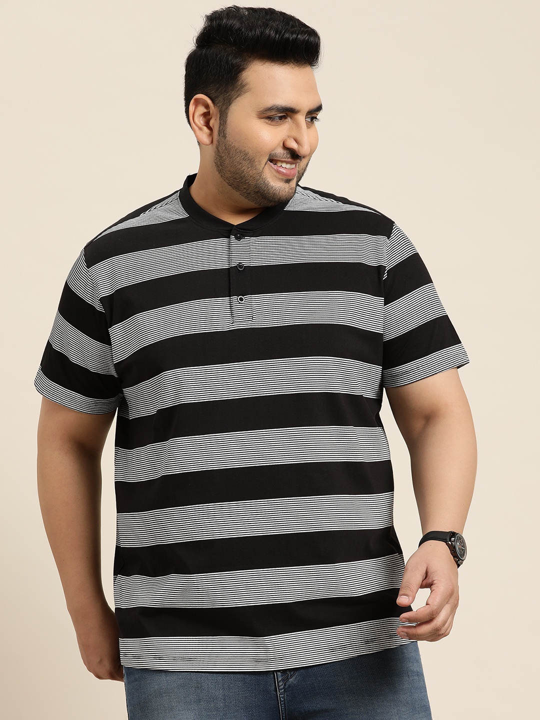 

Sztori Plus Size Striped Henley Neck T-shirt, White
