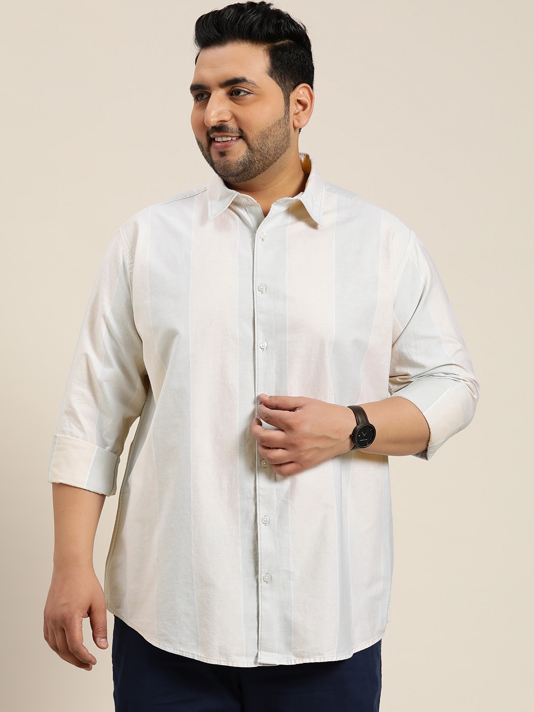 

Sztori Plus Size Cotton Opaque Striped Casual Shirt, Grey