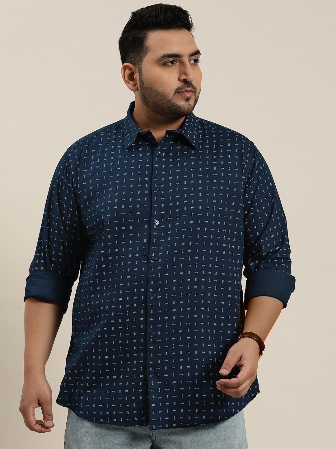 

Sztori Plus Size Printed Cotton Shirt, Navy blue