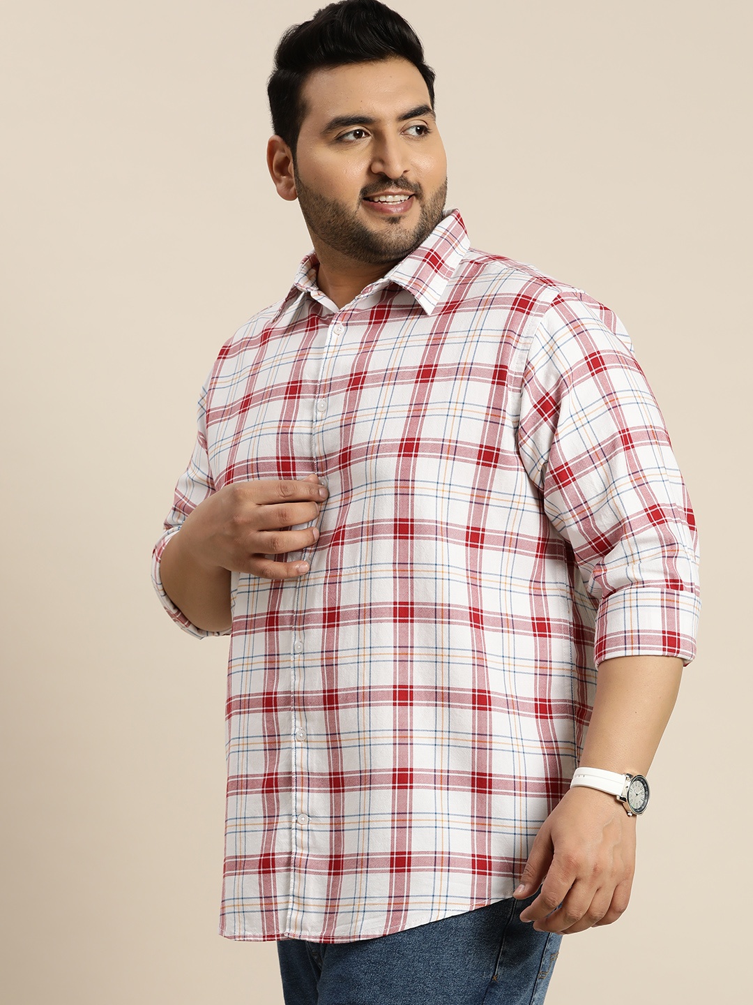 

Sztori Plus Size Pure Cotton Casual Checked Shirt, White