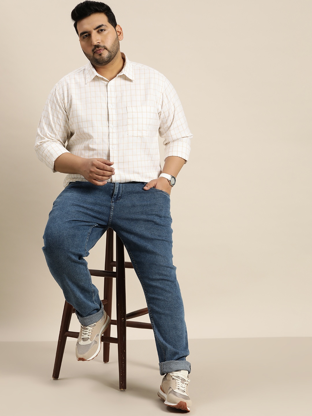 

Sztori Plus Size Pure Cotton Checked Casual Shirt, Off white