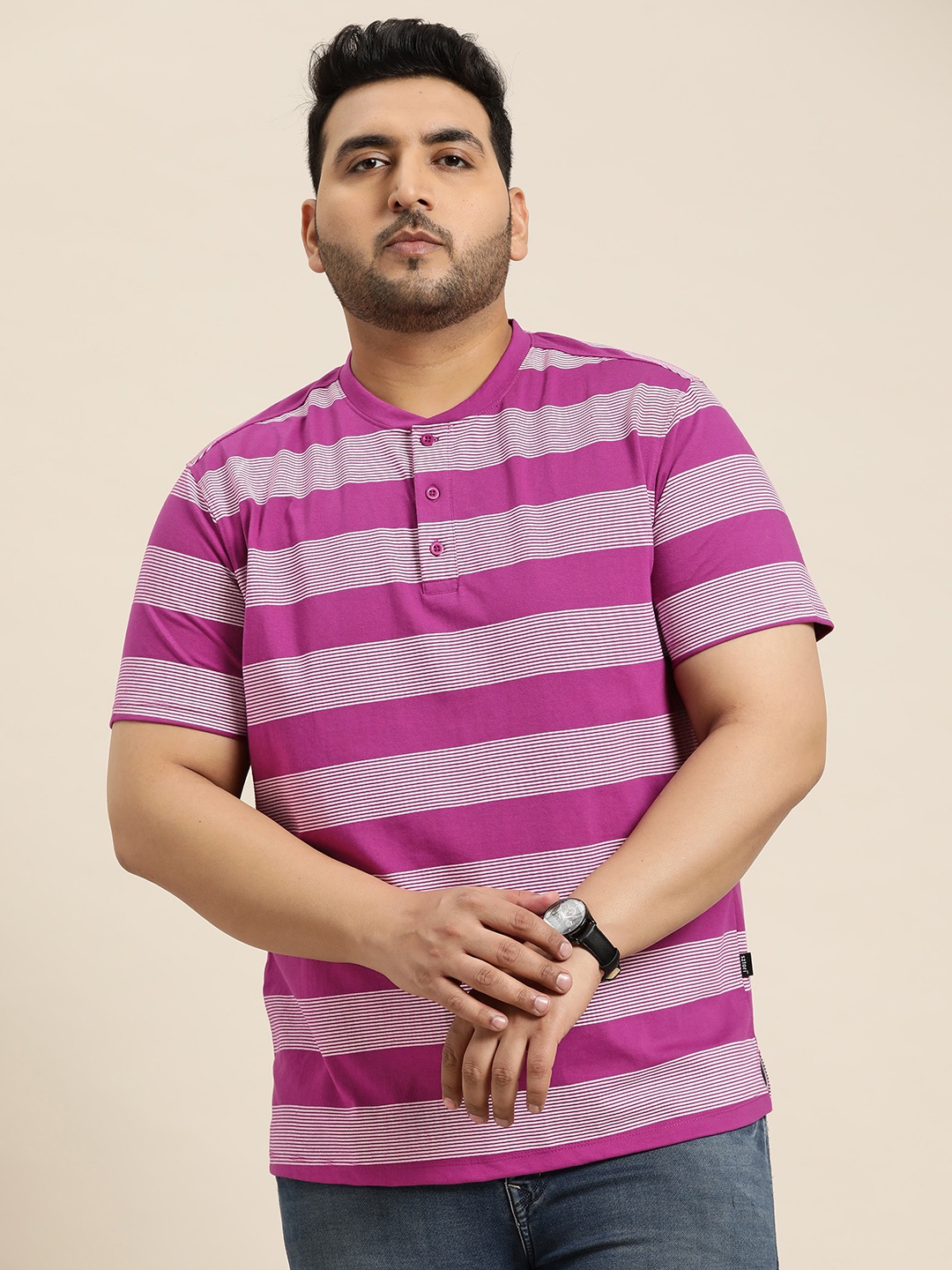 

Sztori Plus Size Striped Henley Neck T-shirt, Purple